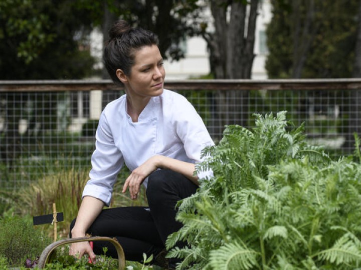 Chef Jessica Rosval in the kitchengarden of Casa Maria Luigia in Modena